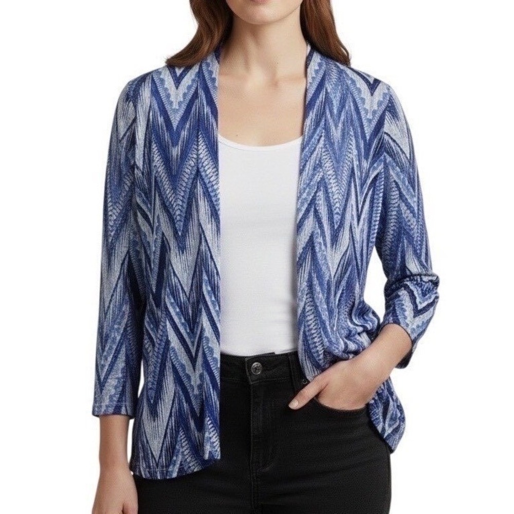 Alfred Dunner Blue Chevron Open Front Cardigan 2X Plus Size 3/4 Sleeve Knit Top